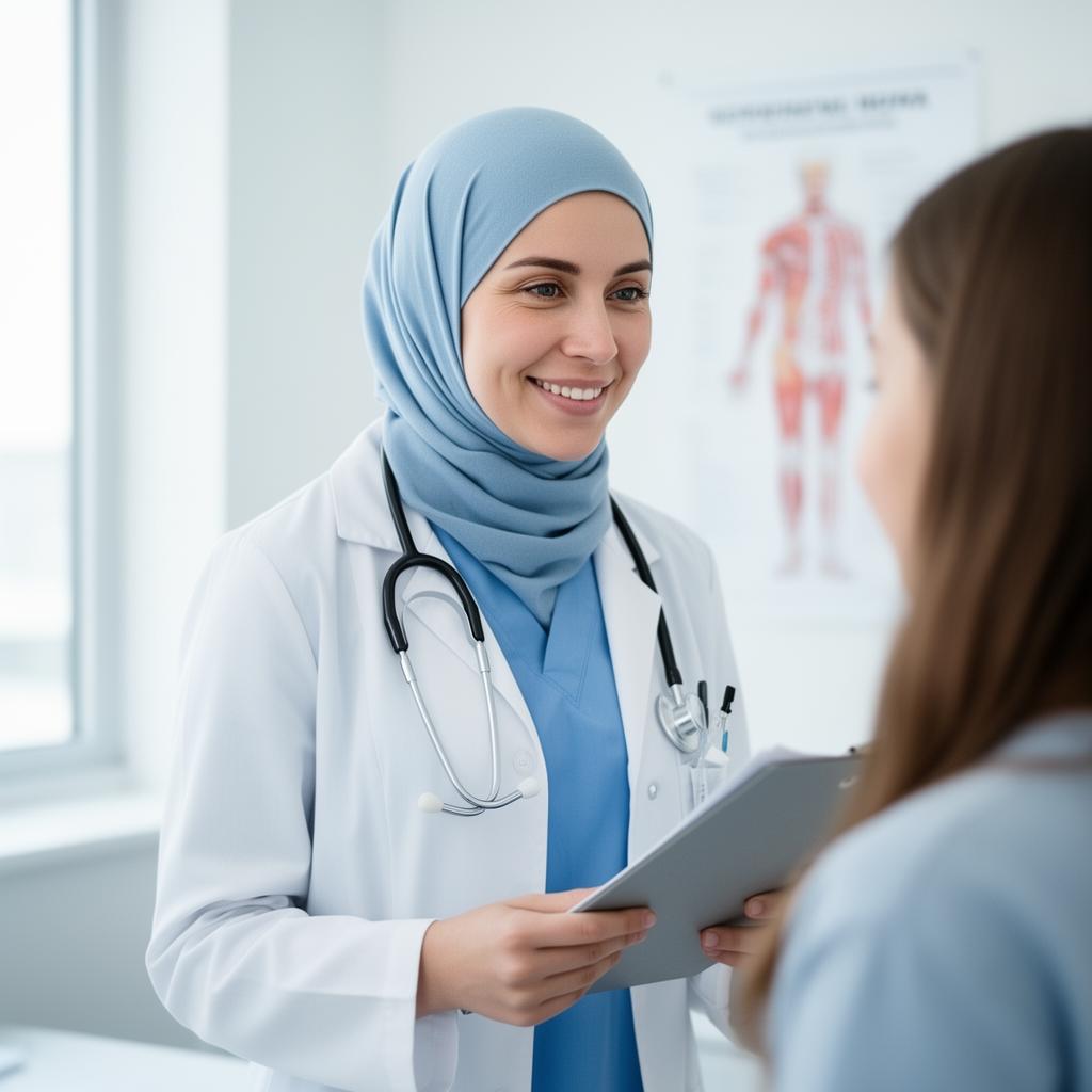 Woman doctor speaking warmly with a teenage girl patient