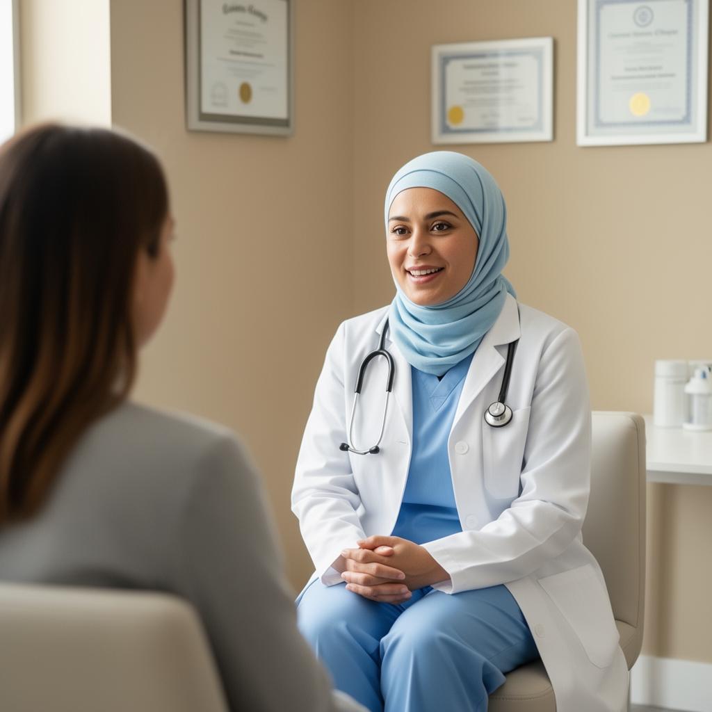 Woman doctor consulting an adult woman patient at Curemax Clinic