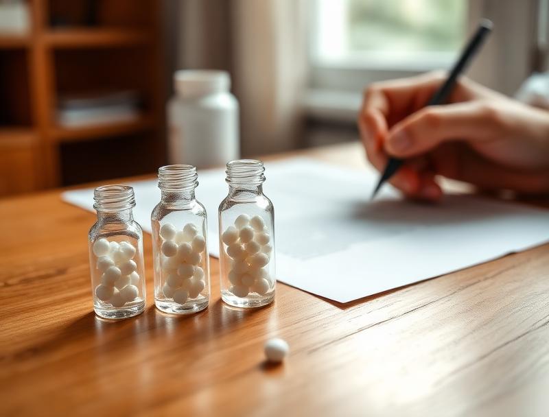 Homeopathic medicine vials with white pellets on a wooden desk