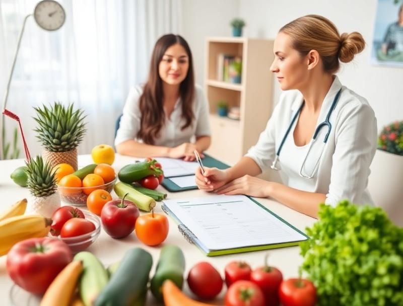 Nutritionist with fresh fruits, vegetables and a diet plan on the desk