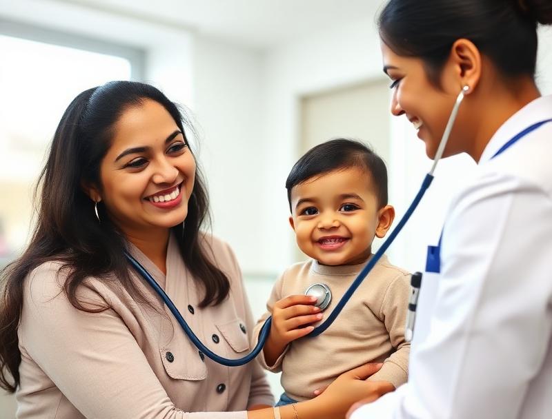 Pediatrician examining a smiling young child with a stethoscope
